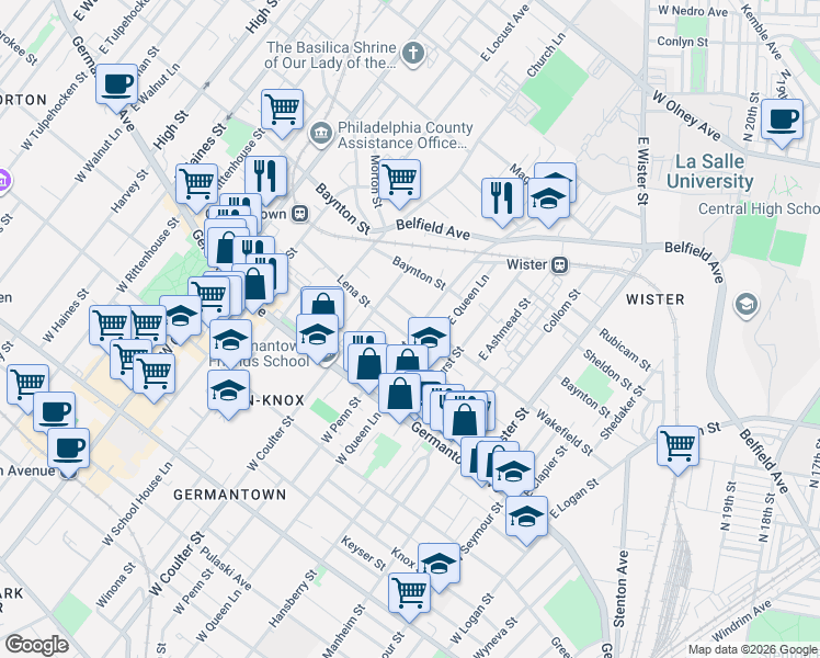 map of restaurants, bars, coffee shops, grocery stores, and more near 71 East Penn Street in Philadelphia
