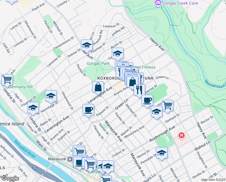 map of restaurants, bars, coffee shops, grocery stores, and more near 425 Krams Avenue in Philadelphia