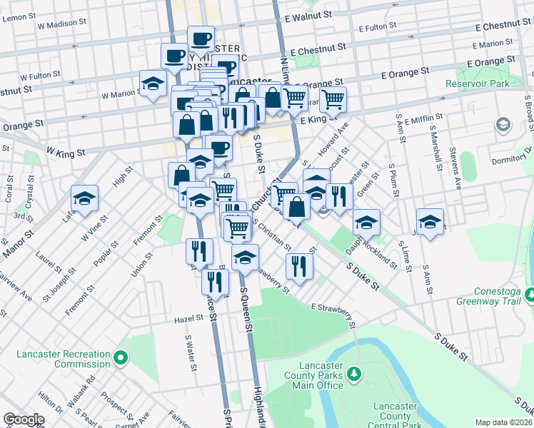 map of restaurants, bars, coffee shops, grocery stores, and more near 509 Howard Avenue in Lancaster