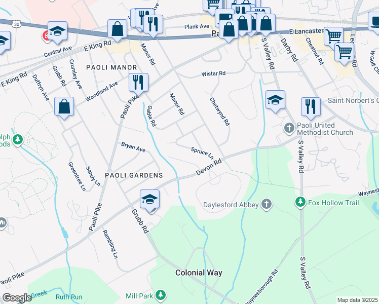 map of restaurants, bars, coffee shops, grocery stores, and more near 125 Spruce Lane in Paoli