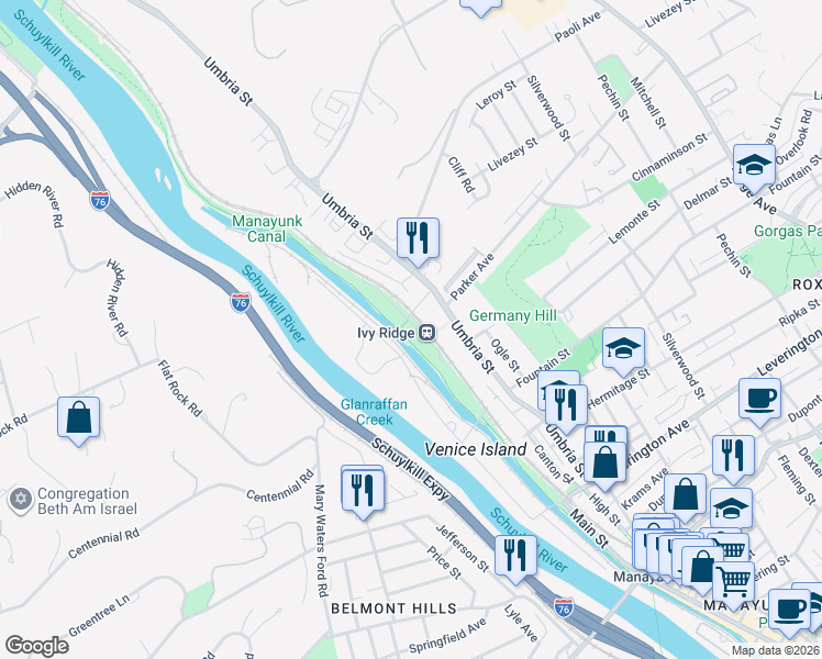 map of restaurants, bars, coffee shops, grocery stores, and more near 1 Parker Avenue in Philadelphia