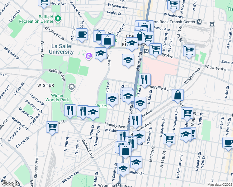 map of restaurants, bars, coffee shops, grocery stores, and more near 5307 North Sydenham Street in Philadelphia