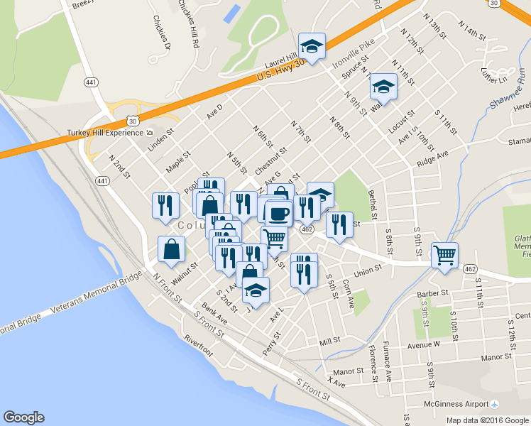 map of restaurants, bars, coffee shops, grocery stores, and more near 456 Walnut Street in Columbia