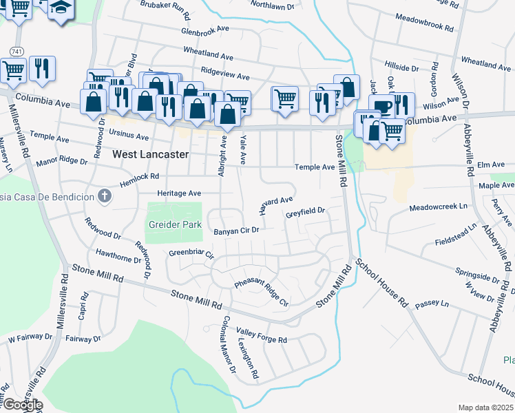 map of restaurants, bars, coffee shops, grocery stores, and more near 224 Harvard Avenue in Lancaster
