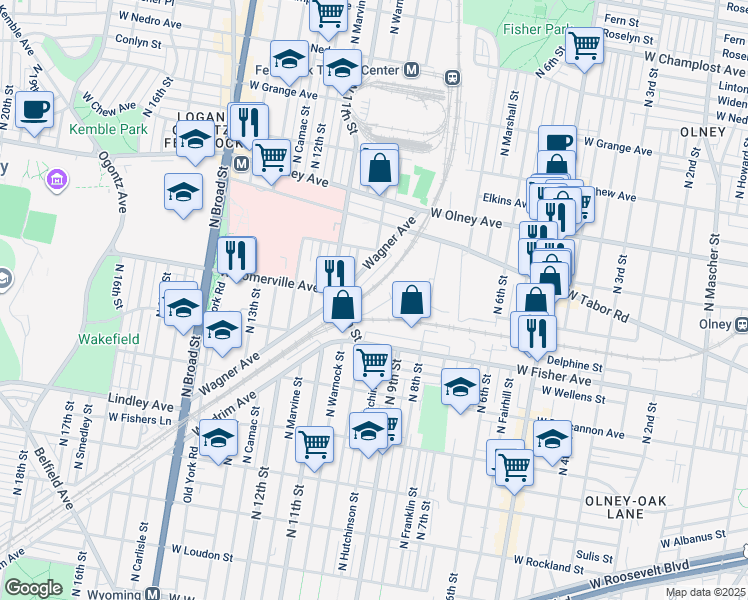 map of restaurants, bars, coffee shops, grocery stores, and more near 5331 North 10th Street in Philadelphia