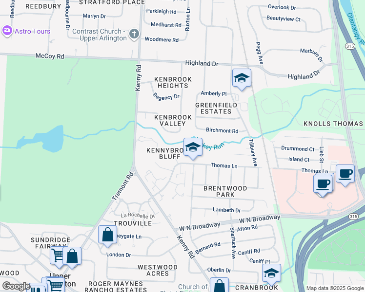 map of restaurants, bars, coffee shops, grocery stores, and more near 1055 Birchmont Road in Columbus