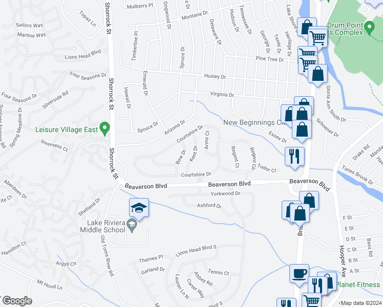 map of restaurants, bars, coffee shops, grocery stores, and more near 19 Kent Drive in Brick