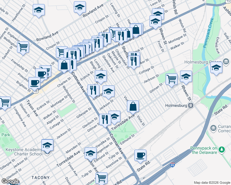 map of restaurants, bars, coffee shops, grocery stores, and more near 4401 Loring Street in Philadelphia