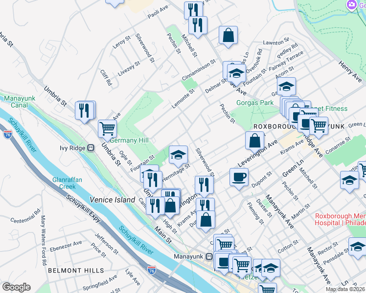map of restaurants, bars, coffee shops, grocery stores, and more near 281 Fountain Street in Philadelphia