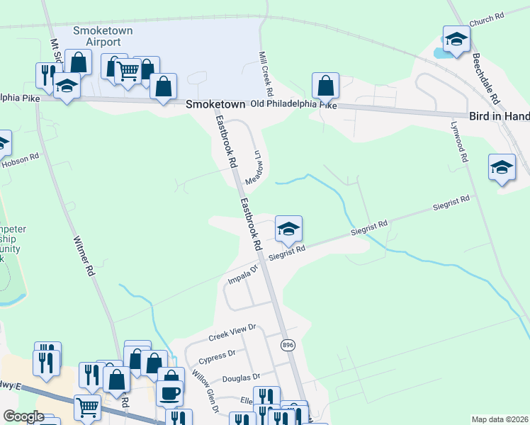 map of restaurants, bars, coffee shops, grocery stores, and more near 167 Eastbrook Road in Smoketown
