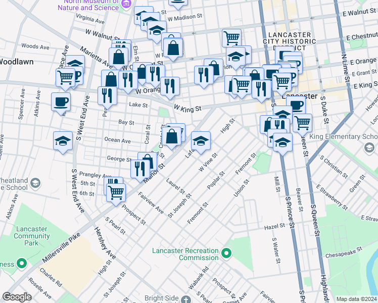 map of restaurants, bars, coffee shops, grocery stores, and more near 19 New Dorwart Street in Lancaster