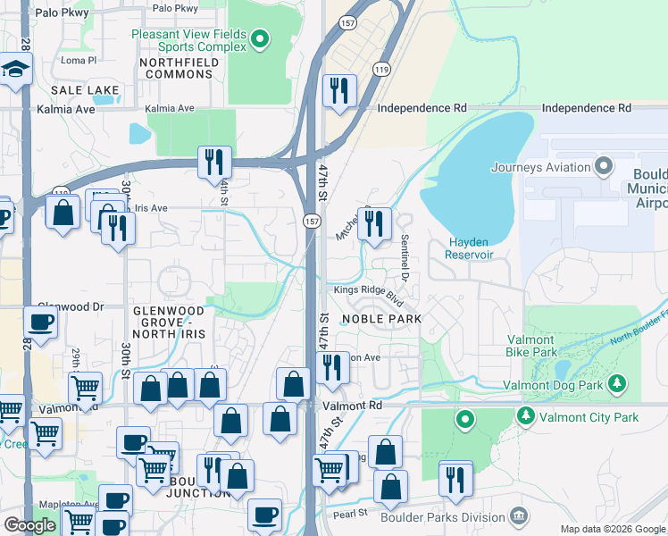 map of restaurants, bars, coffee shops, grocery stores, and more near 3300 Mitchell Lane in Boulder