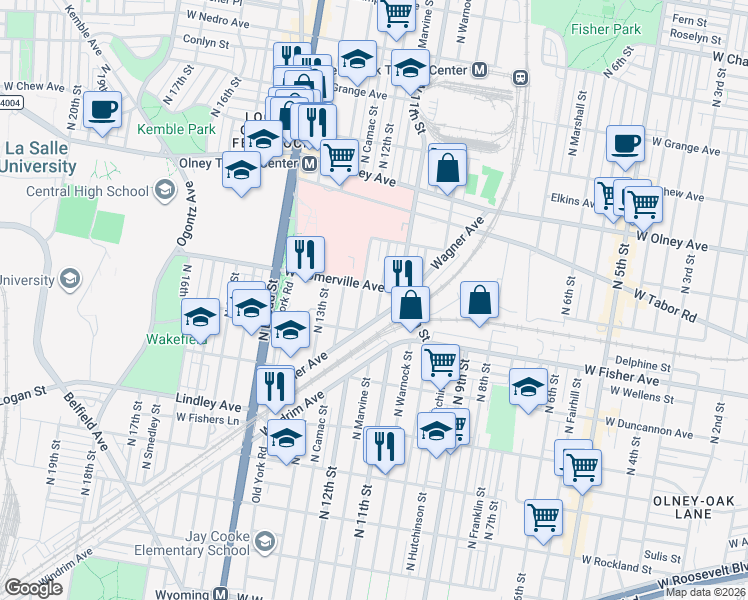 map of restaurants, bars, coffee shops, grocery stores, and more near 5420 North Marvine Street in Philadelphia