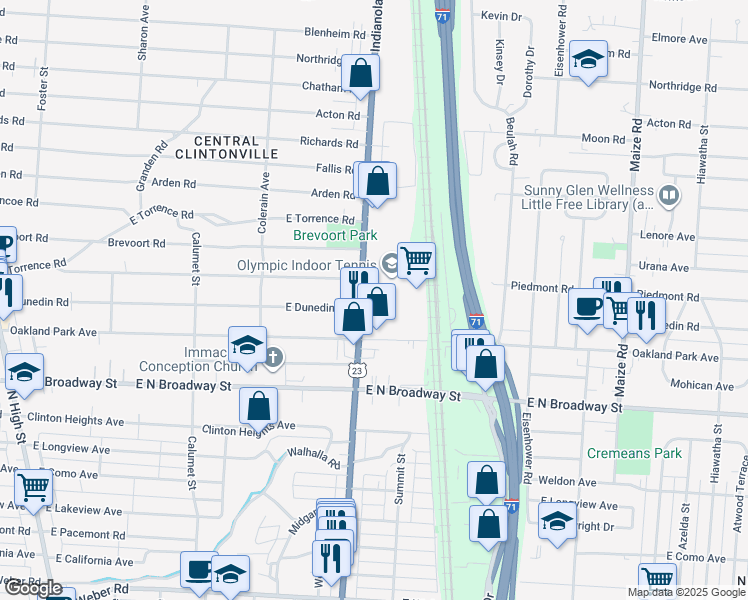 map of restaurants, bars, coffee shops, grocery stores, and more near 3450 Indianola Avenue in Columbus