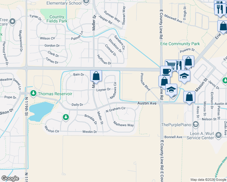map of restaurants, bars, coffee shops, grocery stores, and more near 608 Mathews Circle in Erie