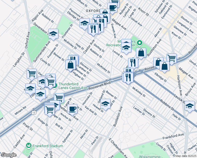map of restaurants, bars, coffee shops, grocery stores, and more near 1551 Lardner Street in Philadelphia