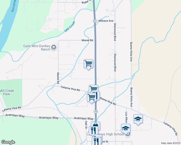 map of restaurants, bars, coffee shops, grocery stores, and more near 8215 Golden State Highway in Los Molinos
