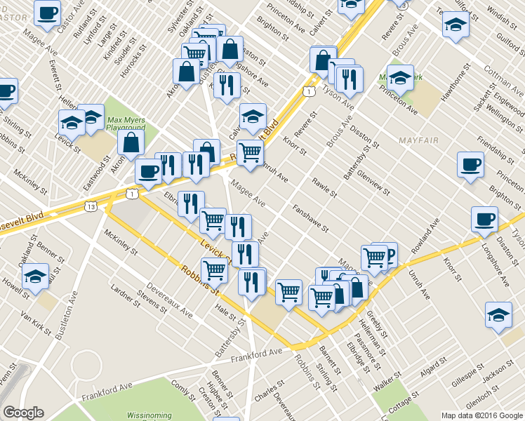 map of restaurants, bars, coffee shops, grocery stores, and more near 2824 Magee Avenue in Philadelphia