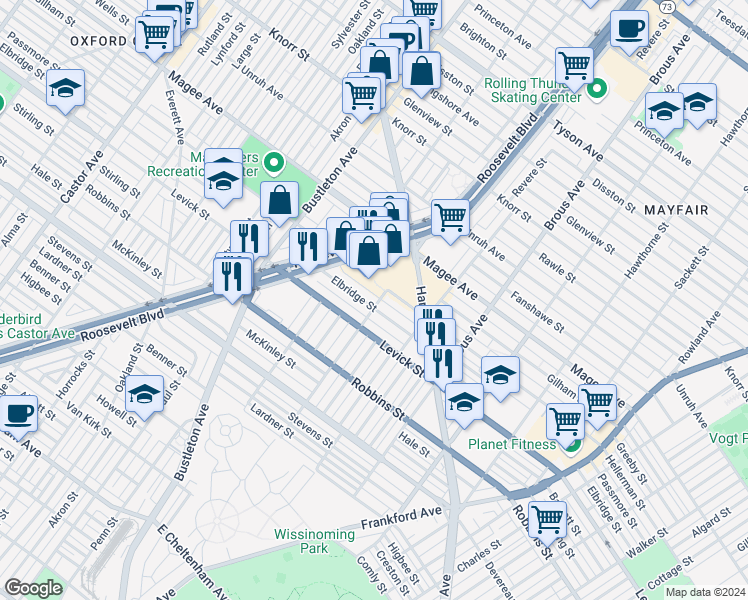 map of restaurants, bars, coffee shops, grocery stores, and more near 2673 Elbridge Street in Philadelphia