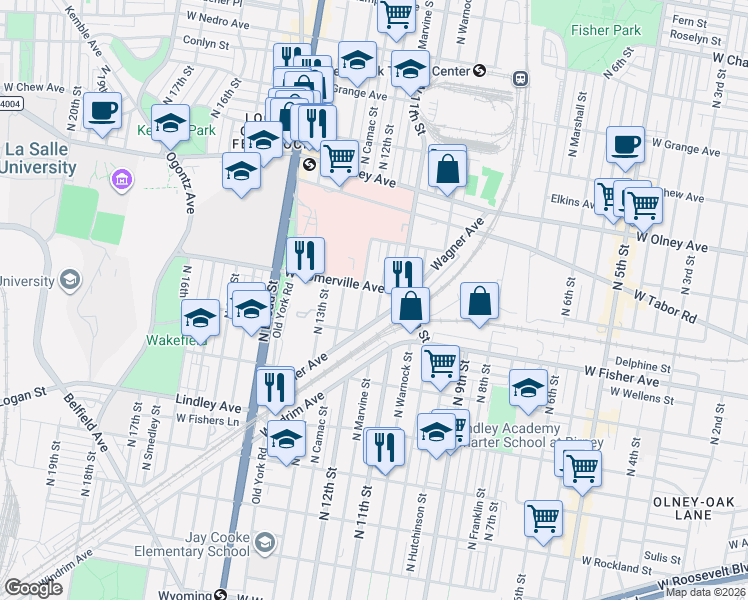 map of restaurants, bars, coffee shops, grocery stores, and more near 5324 North Marvine Street in Philadelphia
