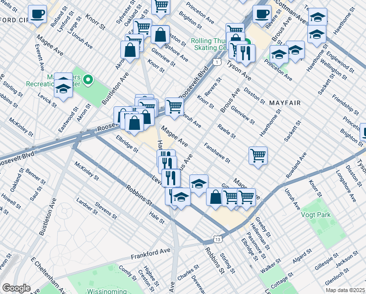 map of restaurants, bars, coffee shops, grocery stores, and more near 2824 Magee Avenue in Philadelphia