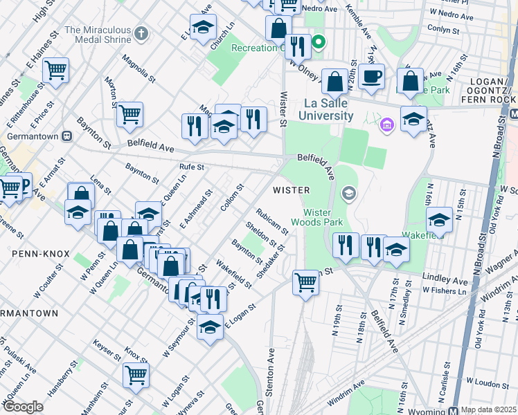 map of restaurants, bars, coffee shops, grocery stores, and more near 402 East Wister Street in Philadelphia