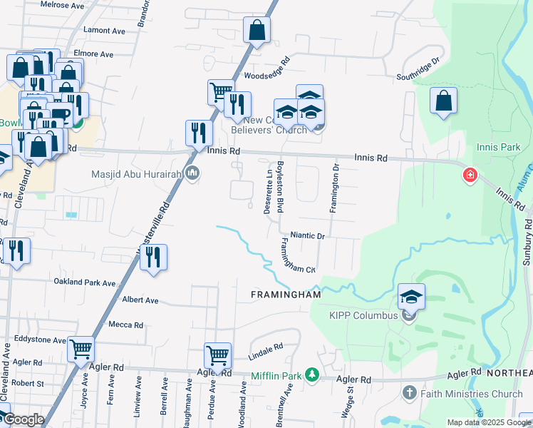 map of restaurants, bars, coffee shops, grocery stores, and more near 3333 Deserette Lane in Columbus