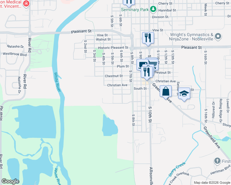 map of restaurants, bars, coffee shops, grocery stores, and more near 460 Christian Avenue in Noblesville