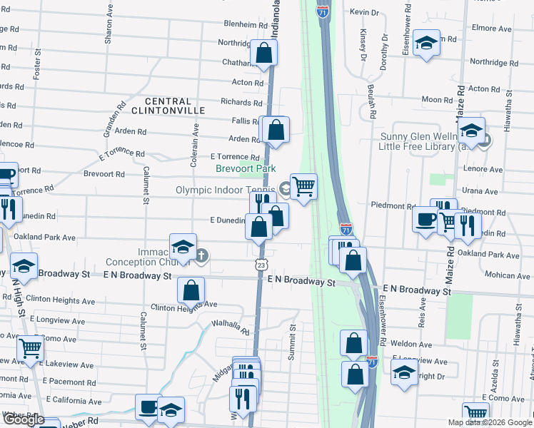 map of restaurants, bars, coffee shops, grocery stores, and more near 562 Piedmont Road in Columbus