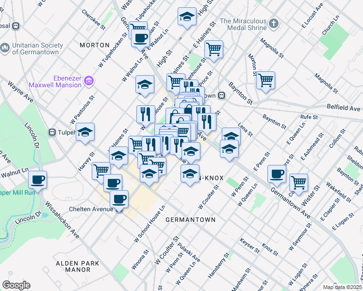 map of restaurants, bars, coffee shops, grocery stores, and more near West Maplewood Mall in Philadelphia