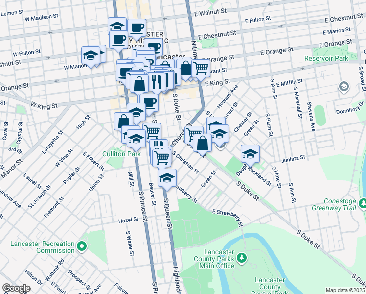 map of restaurants, bars, coffee shops, grocery stores, and more near 416 Howard Avenue in Lancaster