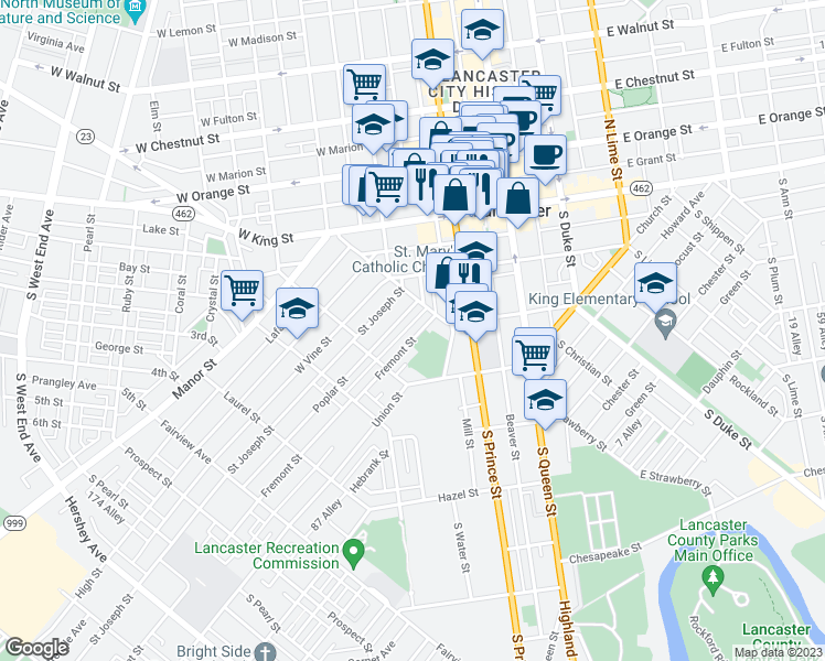 map of restaurants, bars, coffee shops, grocery stores, and more near 429 Fremont Street in Lancaster