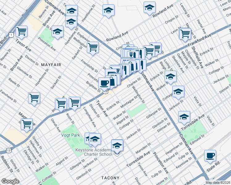 map of restaurants, bars, coffee shops, grocery stores, and more near 7129 Frankford Avenue in Philadelphia