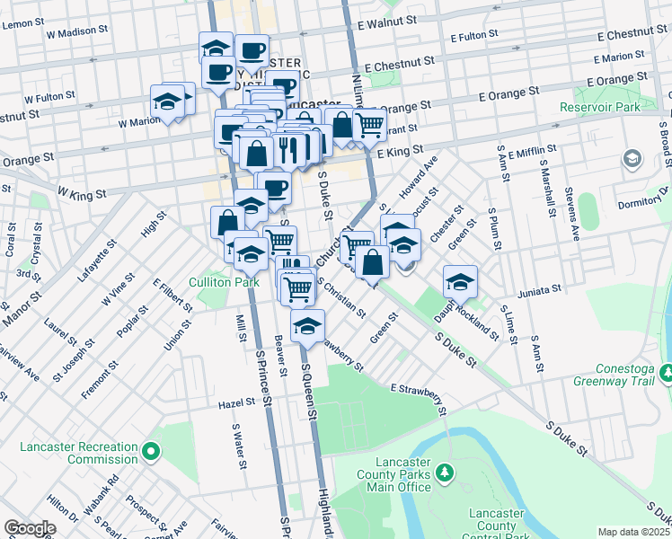 map of restaurants, bars, coffee shops, grocery stores, and more near 416 Howard Avenue in Lancaster