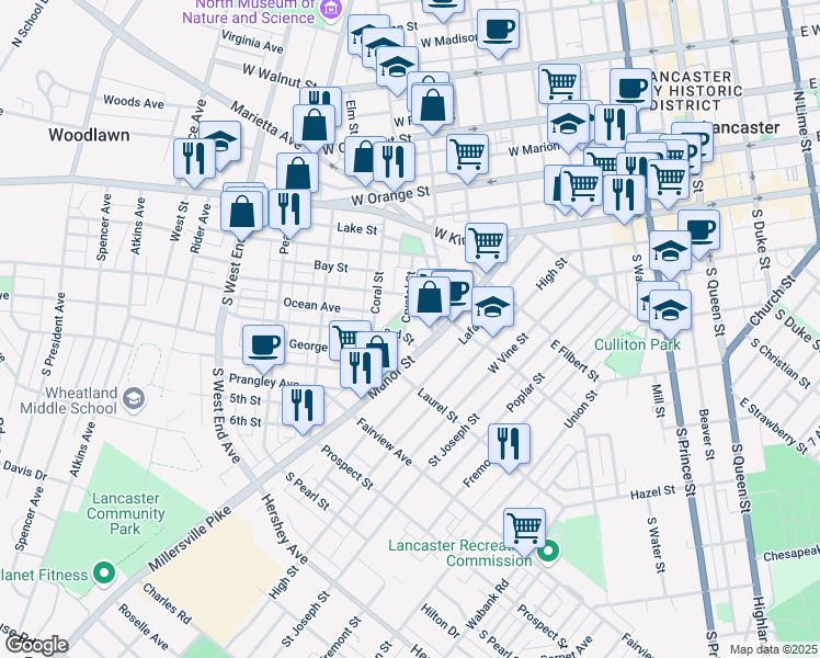map of restaurants, bars, coffee shops, grocery stores, and more near 230 Crystal Street in Lancaster