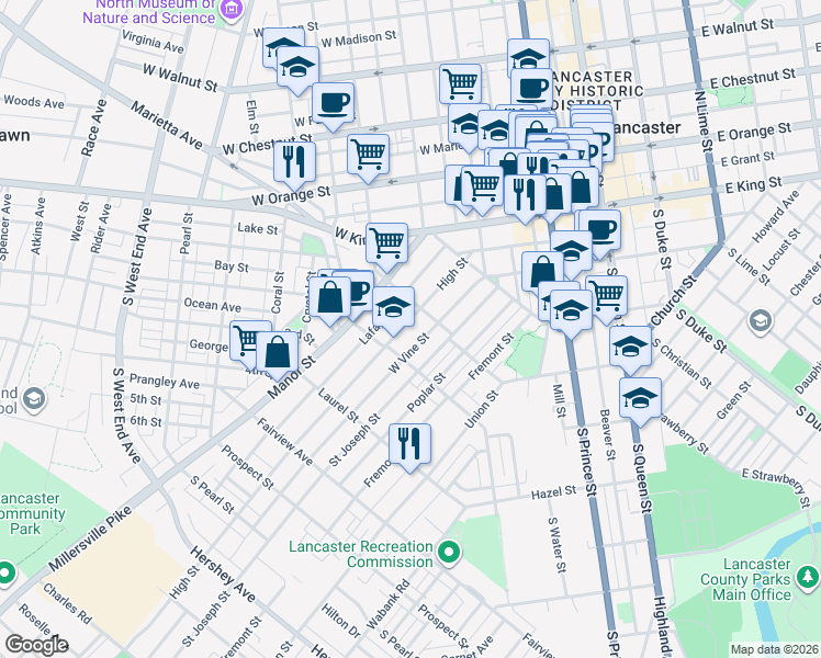 map of restaurants, bars, coffee shops, grocery stores, and more near 470 High Street in Lancaster