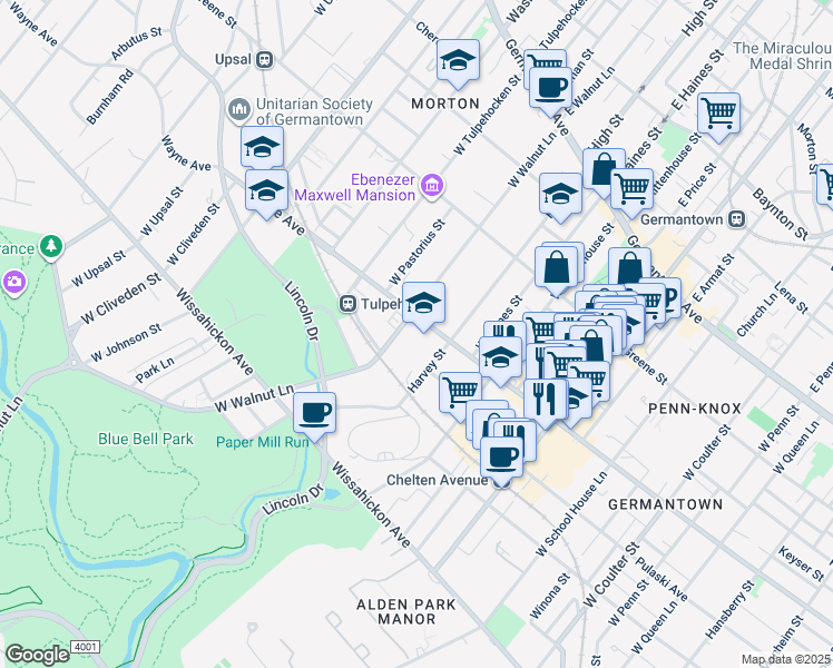 map of restaurants, bars, coffee shops, grocery stores, and more near 6024 Wayne Avenue in Philadelphia
