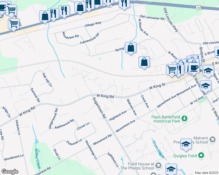 map of restaurants, bars, coffee shops, grocery stores, and more near 608 Charleston Green in Malvern