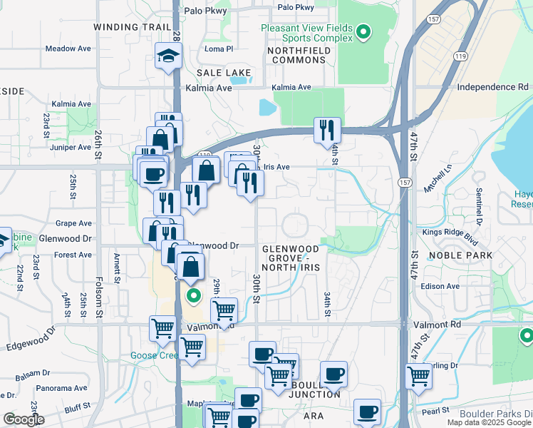 map of restaurants, bars, coffee shops, grocery stores, and more near in Boulder