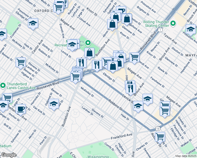 map of restaurants, bars, coffee shops, grocery stores, and more near 6401 Roosevelt Boulevard in Philadelphia