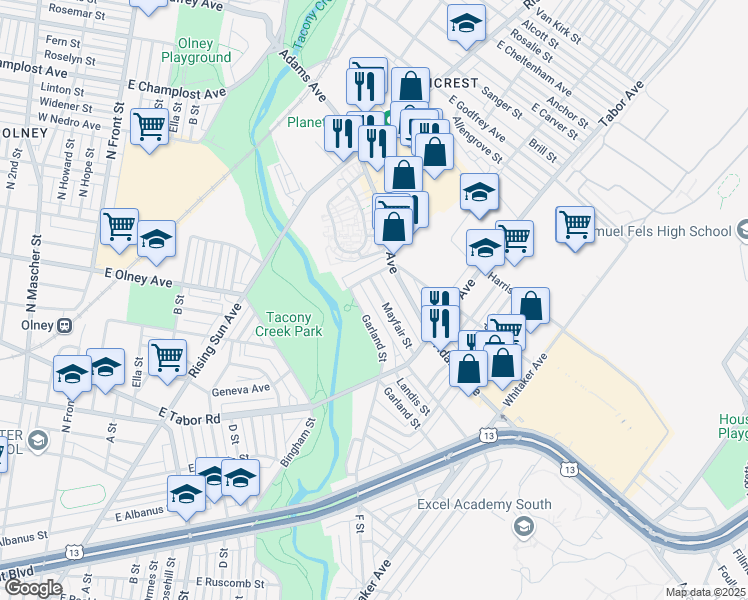 map of restaurants, bars, coffee shops, grocery stores, and more near 5434 Bingham Street in Philadelphia