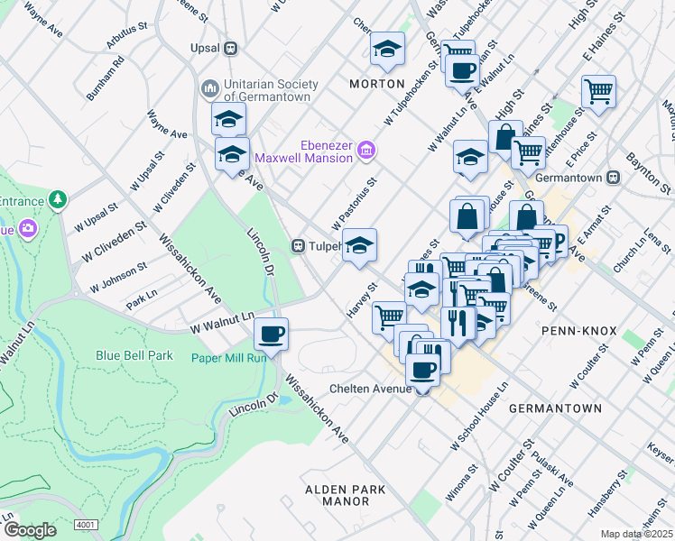 map of restaurants, bars, coffee shops, grocery stores, and more near 6103 Wayne Avenue in Philadelphia