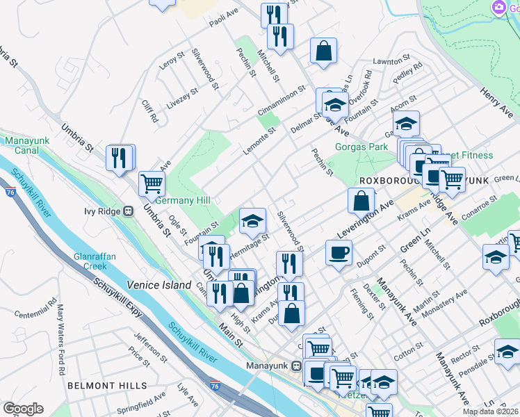 map of restaurants, bars, coffee shops, grocery stores, and more near 281 Fountain Street in Philadelphia