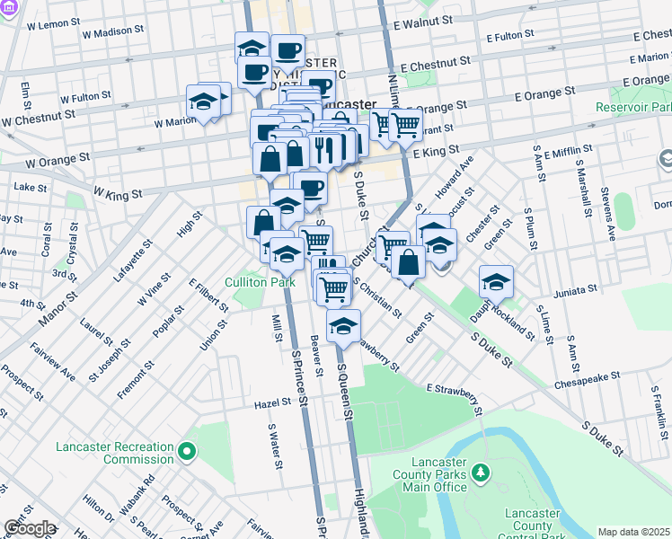 map of restaurants, bars, coffee shops, grocery stores, and more near 141 South Queen Street in Lancaster