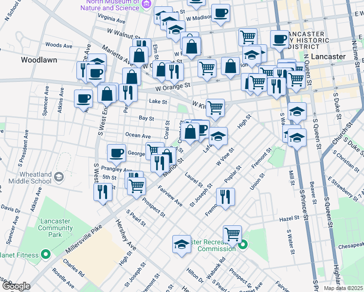 map of restaurants, bars, coffee shops, grocery stores, and more near 35 Caroline Street in Lancaster