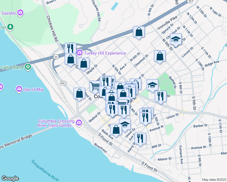 map of restaurants, bars, coffee shops, grocery stores, and more near 420 Pennsylvania 462 in Columbia