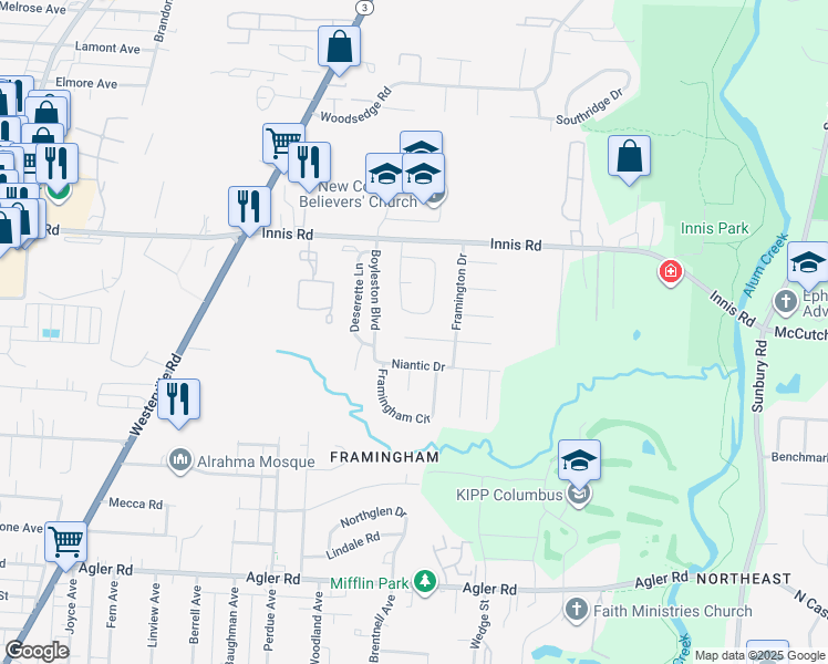 map of restaurants, bars, coffee shops, grocery stores, and more near 3245 Abingdon Drive in Columbus