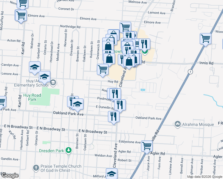 map of restaurants, bars, coffee shops, grocery stores, and more near 1815 Huy Road in Columbus