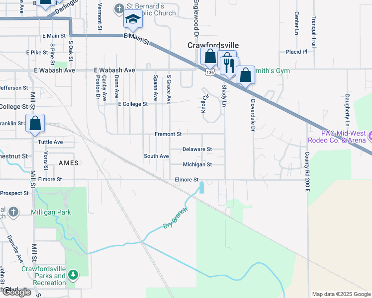 map of restaurants, bars, coffee shops, grocery stores, and more near 1809 Fremont Street in Crawfordsville