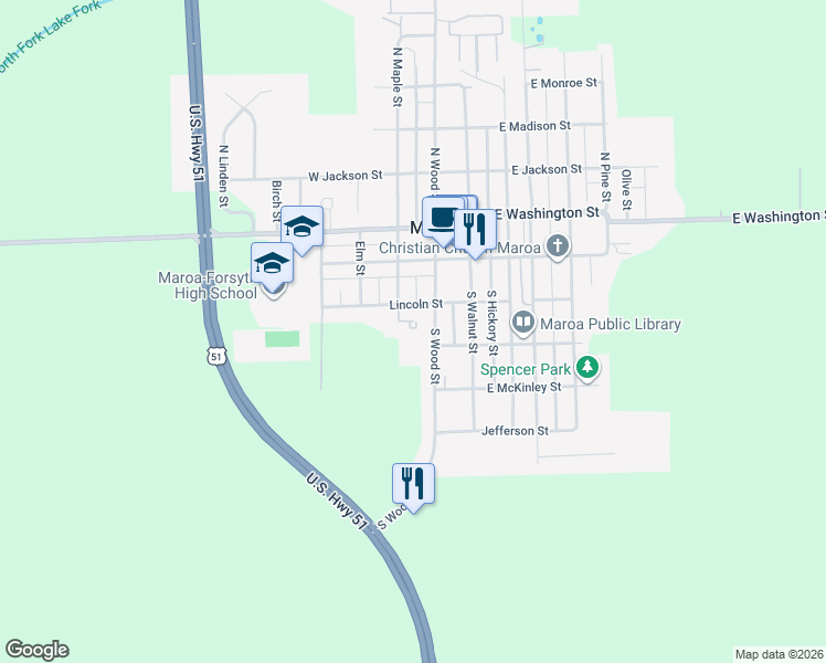 map of restaurants, bars, coffee shops, grocery stores, and more near 222 Lincoln Street in Maroa
